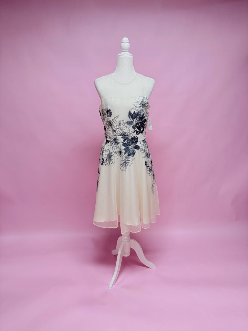 Gabby Skye Sleeveless Ivory Floral A-Line Dress with Navy Metallic  Embroidery